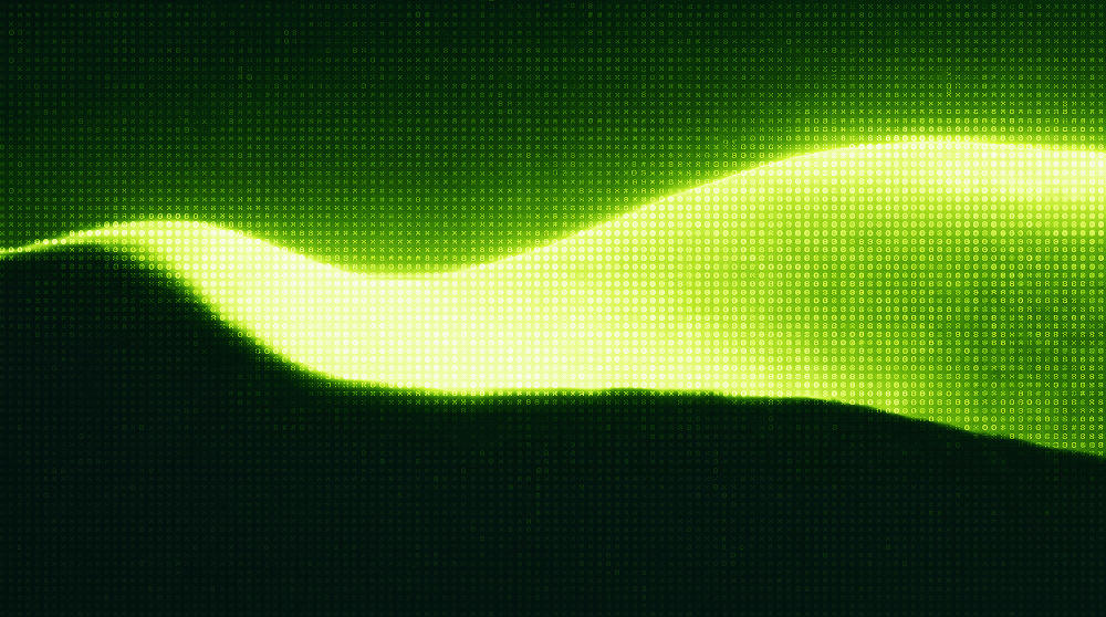 An emerald typographic light wave flowing across a dark field