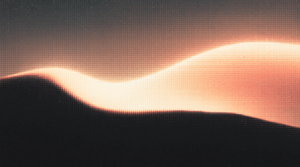 A warm typographic light wave flowing across a dark field
