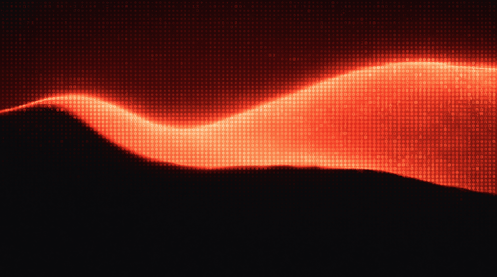 A vivid red typographic light wave flowing across a dark field